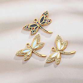 Stainless Steel Rhinestone Pendants, with Enamel, Dragonfly, Golden