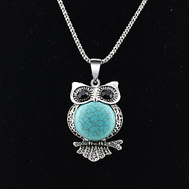 Synthetic Turquoise Owl Pendant Necklace with Rhinestone, Alloy Jewelry for Women