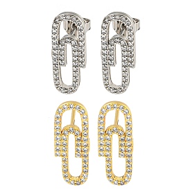 Rack Plating Brass Stud Earrings, with Clear Cubic Zirconia, Cadmium Free & Lead Free, Long-Lasting Plated, Paperclip