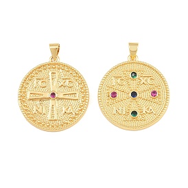 Brass Micro Pave Cubic Zirconia Pendants, Flat Round with Rune Symbol Charms, Cadmium Free & Lead Free, Rack Plating, Long-Lasting Plated, Real 18K Gold Plated