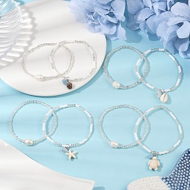 Стеклянные бусины эластичные браслеты для женщин, с натуральным культивированным пресноводным жемчугом, синтетической бирюзой и бусинами из ракушек