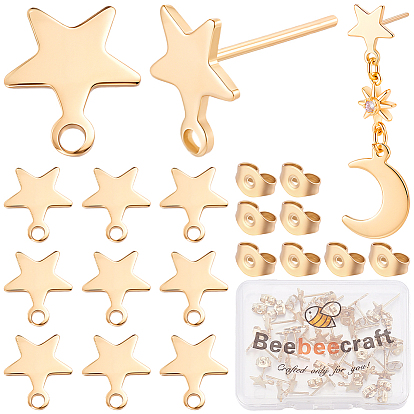15 paires 304 boucles d'oreilles à tige en acier inoxydable, avec 30 pièces 304 écrous à friction en acier inoxydable, étoiles