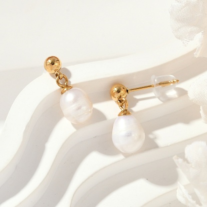 304 серьги-гвоздики из нержавеющей стали с натуральным пресноводным жемчугом, ионное покрытие (ip), овальные