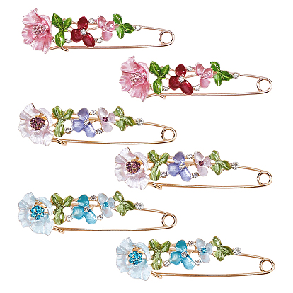 6 шт. 3 стили броши-булавки из сплава цветов со стразами для рюкзака и одежды