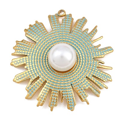 304 Stainless Steel with Sky Blue Enamel & ABS Plastic Imitation Pearl Pendants, Sun Charms, Ion Plating(IP)