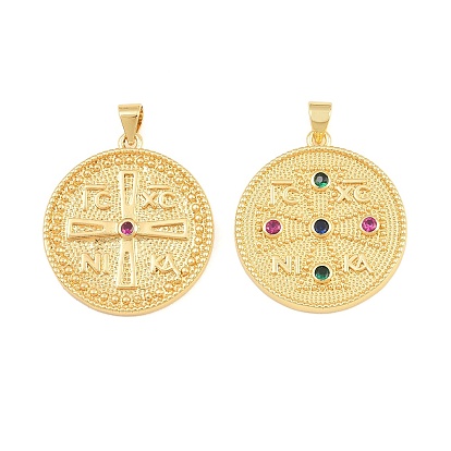 Brass Micro Pave Cubic Zirconia Pendants, Flat Round with Rune Symbol Charms, Cadmium Free & Lead Free, Rack Plating, Long-Lasting Plated, Real 18K Gold Plated