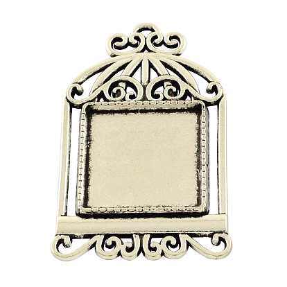 Tibetan Style Alloy Pendant Cabochon Settings, Cage with Square Tray, Cadmium Free & Lead Free, 48x29x2.5mm, Hole: 2mm, Tray: 20x20mm