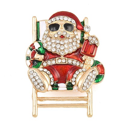 Pines de solapa navideños de aleación, esmalte y diamantes de imitación, pin de insignia de vacaciones, Papá Noel en un sillón reclinable, dorado