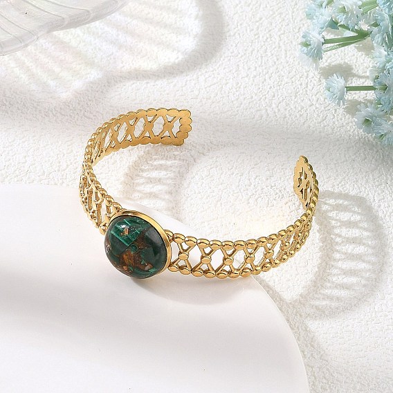 Synthetic Bronzite and Malachite Half Round 304 Stainless Steel Cuff Bangle for Women, Golden