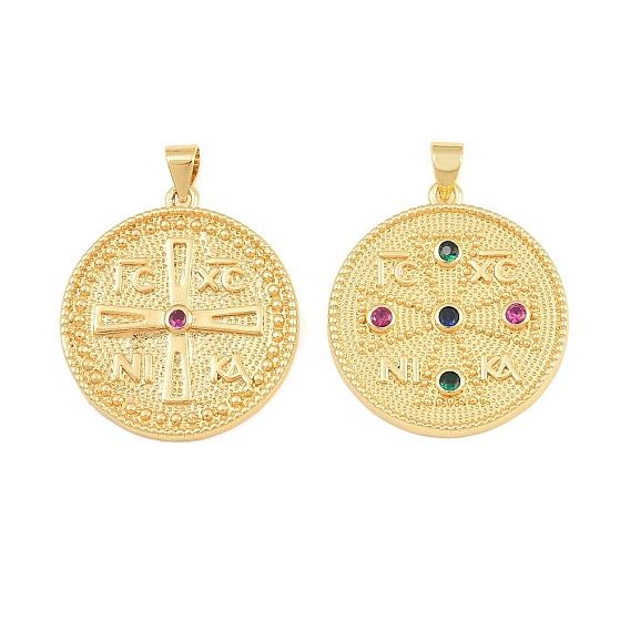 Brass Micro Pave Cubic Zirconia Pendants, Flat Round with Rune Symbol Charms, Cadmium Free & Lead Free, Rack Plating, Long-Lasting Plated, Real 18K Gold Plated