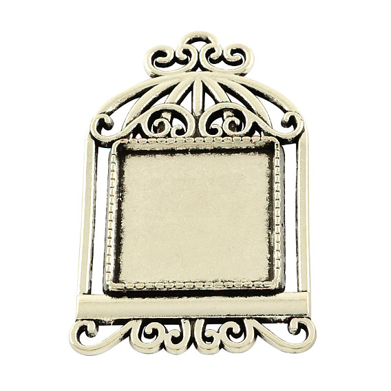 Tibetan Style Alloy Pendant Cabochon Settings, Cage with Square Tray, Cadmium Free & Lead Free, 48x29x2.5mm, Hole: 2mm, Tray: 20x20mm