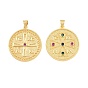 Brass Micro Pave Cubic Zirconia Pendants, Flat Round with Rune Symbol Charms, Cadmium Free & Lead Free, Rack Plating, Long-Lasting Plated, Real 18K Gold Plated