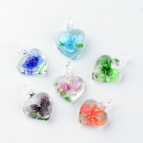 Handmade Luminous Lampwork Pendants, with Inner Flower, Heart