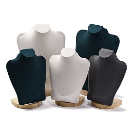 Bust Shaped Velvet Jewelry Necklace Display Stands, with Wood Base, for Necklace