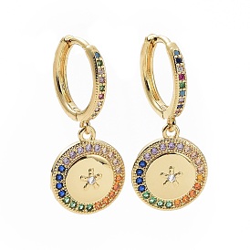 Colorful Cubic Zirconia Star Dangle Hoop Earrings, Brass Jewelry for Women