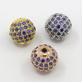 Brass Micro Pave Cubic Zirconia Beads, Round, Mauve, 10mm, Hole: 1.5mm