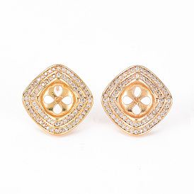 Brass Micro Pave Clear Cubic Zirconia Stud Earrings Findings, for Half Drilled Bead, Nickel Free, Fan