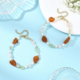 Raw Natural Amber & Rose Quartz Nuggets & Cultured Freshwater Pearl Beaded Bracelets, Real 18K Gold Plated