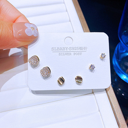 Chic 3D Cube Earring Set with S925 Silver Studs and Micro-Inlaid Zircon Stones