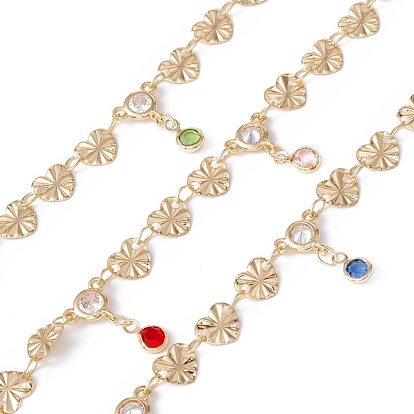 Handmade Eco-friendly Brass Heart & Flat Round Link Chain, with Cubic Zirconia Charms, Real 18K Gold Plated, Lead Free & Cadmium Free, Soldered, with Spool