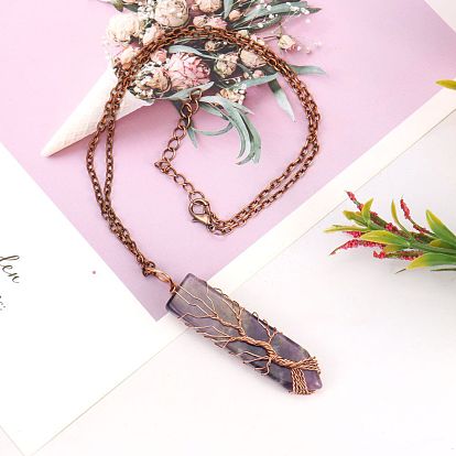 Gemstone Bullet Copper Wire Wrapping Pendant Necklaces, Cable Chain Necklace