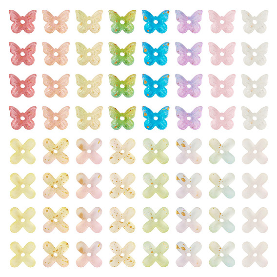 200Pcs 2 Styles Transparent Acrylic Bead Cap, Butterfly & Flower, with Glitter Powder