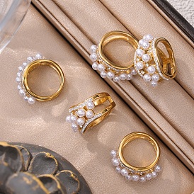 Titanium Steel Rings, with Imitation Pearl and Clear Cubic Zirconia, for Women