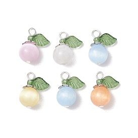 Natural Selenite(Dyed) Imitation Cat Eye Round Pendants, Fruit Charms with Green Acrylic Leaf, Mixed Color