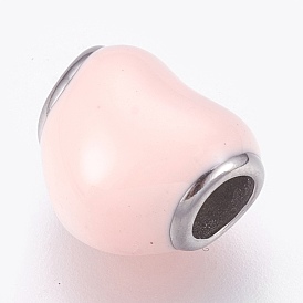 316 Surgical Stainless Steel European Beads, Large Hole Beads, with Enamel, Heart