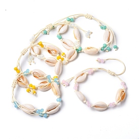 Bracelets de perles tressées réglables, avec des perles de coquillage cauris naturelles, perles de verre rondelle et cordon polyester ciré