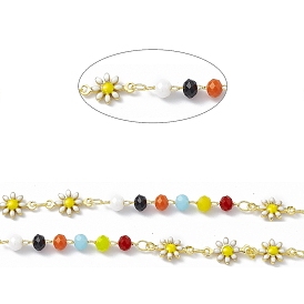 Handmade Brass Enamel Daisy Flower Link Chains, with Colorful Glass Beaded, Soldered, with Spool
