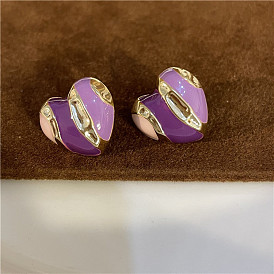 Bai Baihe same style purple dripping oil earrings niche design color heart-shaped earrings high-end color matching earrings for women
