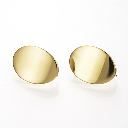 Ear Stud Findings, with Loop, Nickel Free, Real 18K Gold Plated, Oval