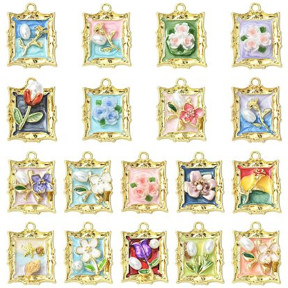 18 шт 18 стили подвески из сплава эмали, прямоугольник с цветочными подвесками, с блестящей пудрой и искусственным жемчугом, без кадмия, без никеля и без свинца, стойки покрытие