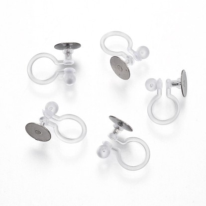 304 acier inoxydable composants de boucle d'oreille clip-on, avec coussin plat rond et plastique