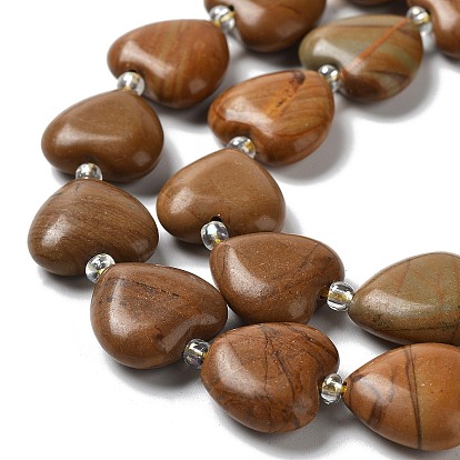 Natural Wood Lace Stone Beads Strands, with Seed Beads, Heart