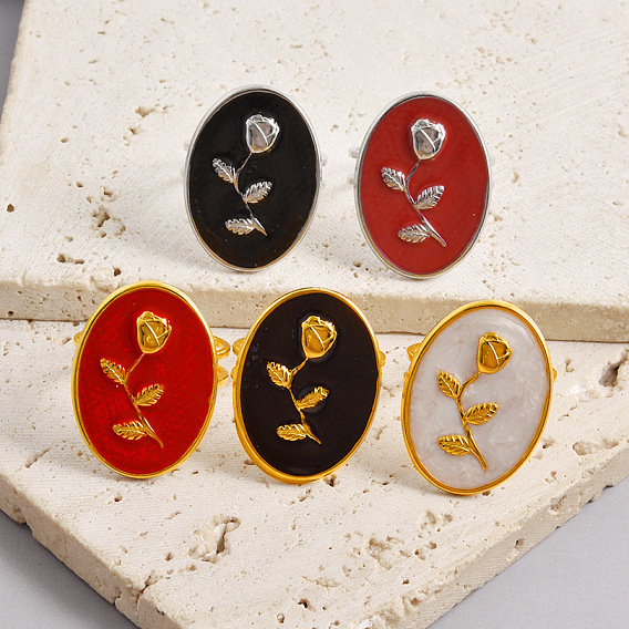 Регулируемая манжета из нержавеющей стали с эмалированным покрытием, открытые кольца для женщин., овальные с розовым цветком