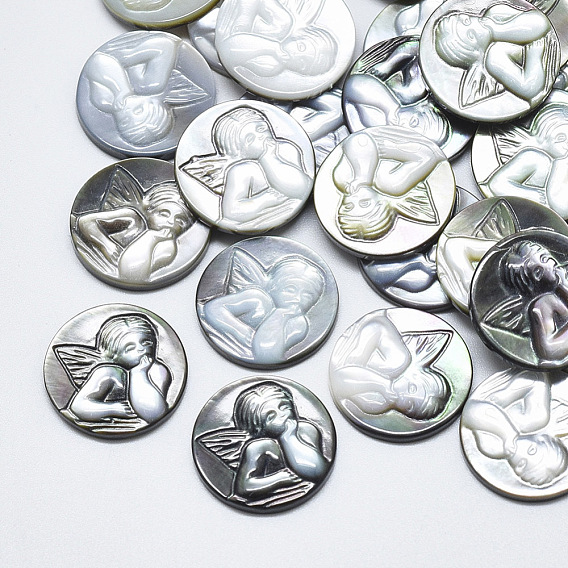 Lèvres noir cabochons shell, plat rond avec cupidon / chérubin / ange sculpté