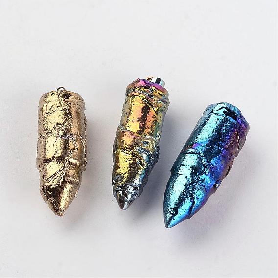 Electroplated Natural Dragon Bone Stone Pointed Pendants, Bullet, with Mixed Metal Color Brass Findings, 41~43x12~14mm, Hole: 3x4mm