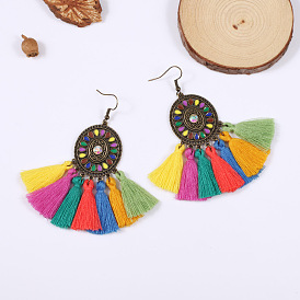 Bohemian Tassel Earrings with Hollowed-out Discs, Carved Flowers and Rhinestone Drops for Vacation and Leisure Fashion Women