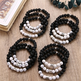 Constellation Theme Natural Howlite & Black Stone Stretch Bracelets, with Alloy Beads
