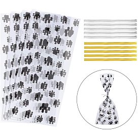 Cookie Candy Open Top Packaging Bags, Dog Paw Prints Pattern Self-adhesive OPP Cellophane Bags, with Iron CorePlastic Wire Twist Ties