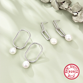 Rhodium Plated 925 Sterling Silver Oval Dangle Stud Earrings, Natural Pearl Drop Earrings