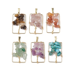 6Pcs 6 Styles Natural Mixed Gemstone Chip Pendants, Tree of Life Charms with Rectangle Brass Frame, Long-Lasting Plated, Nickel Free, Mixed Dyed and Undyed