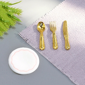 Miniature Dollhouse Tableware, Mini Resin Plate Alloy Knife Fork Spoon, for Kitchen Doll House Decor