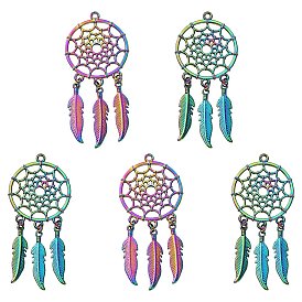Rainbow Color Alloy Big Pendants, Cadmium Free & Lead Free, Woven Net/Web with Feather