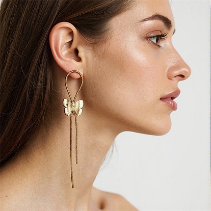 304 Stainless Steel Stud Tassel Earrings for Women, Butterfly