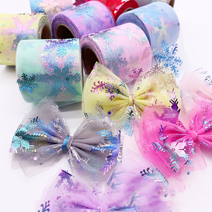 25 Yards Christmas Polyester Deco Mesh Ribbon, Hot Stamping Snowflake Tulle Fabric, for Bowknot Making