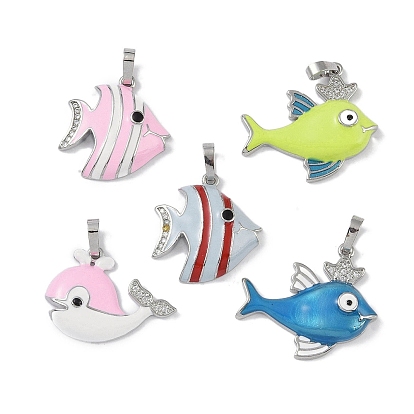 Brass Micro Pave Cubic Zirconia Pendants, with Enamel, Cadmium Free & Nickel Free & Lead Free, Fish