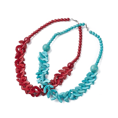 Dyed Synthetic Turquoise Arch Beaded Bib Necklaces, with Iron Clasps